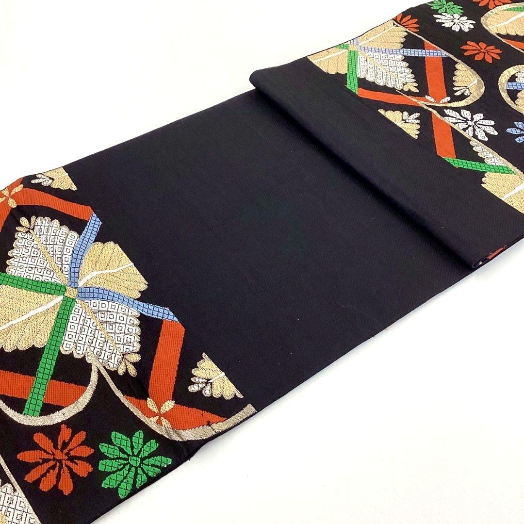 4242# Japanese Vintage Fukuro Obi Belt Kimono Fabric Silk Traditional black