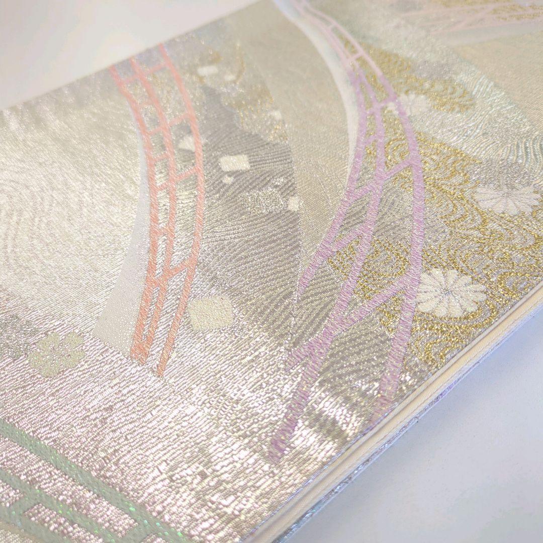 2505# Japanese Vintage Fukuro Obi Belt Kimono Fabric Silk Traditional Silver