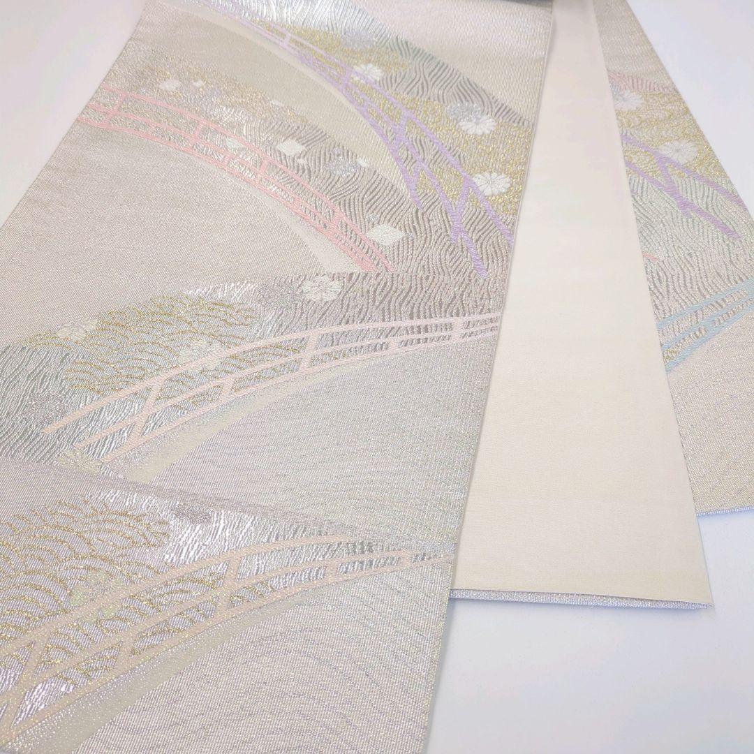2505# Japanese Vintage Fukuro Obi Belt Kimono Fabric Silk Traditional Silver