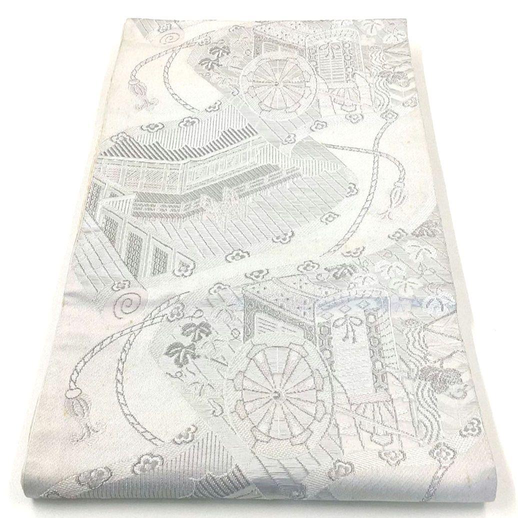 4921# Japanese Vintage Fukuro Obi Belt Kimono Fabric Silk Traditional Silver