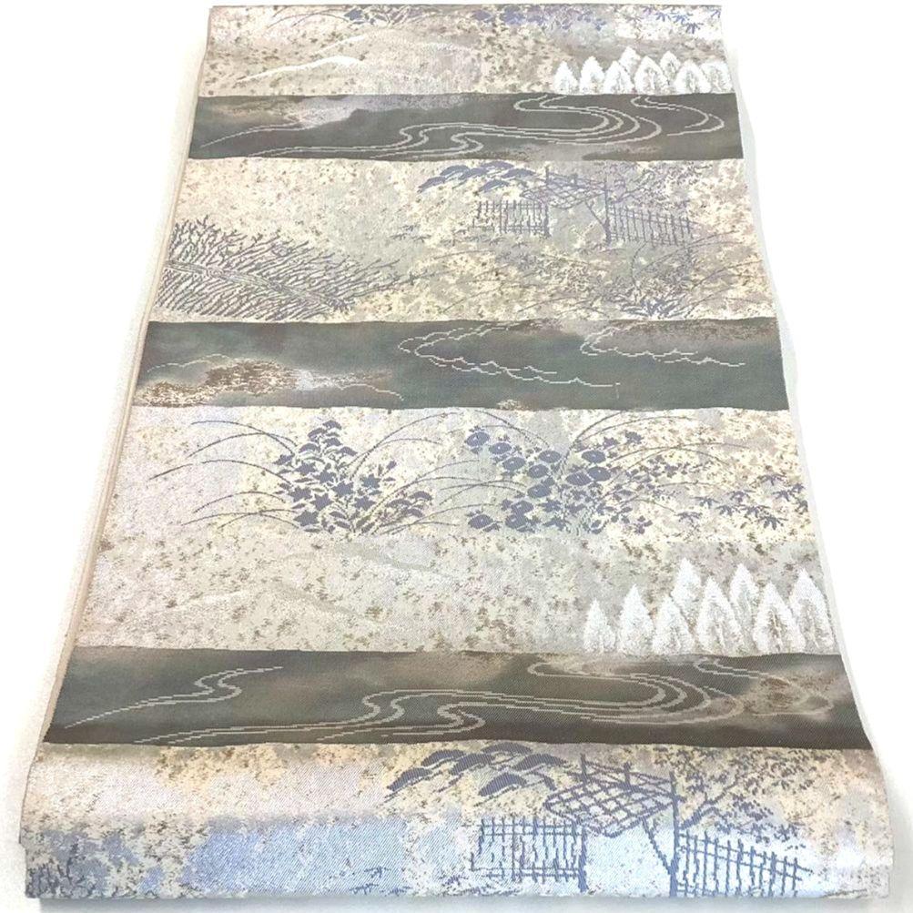 4777# Japanese Vintage Fukuro Obi Belt Kimono Fabric Silk Traditional Silver