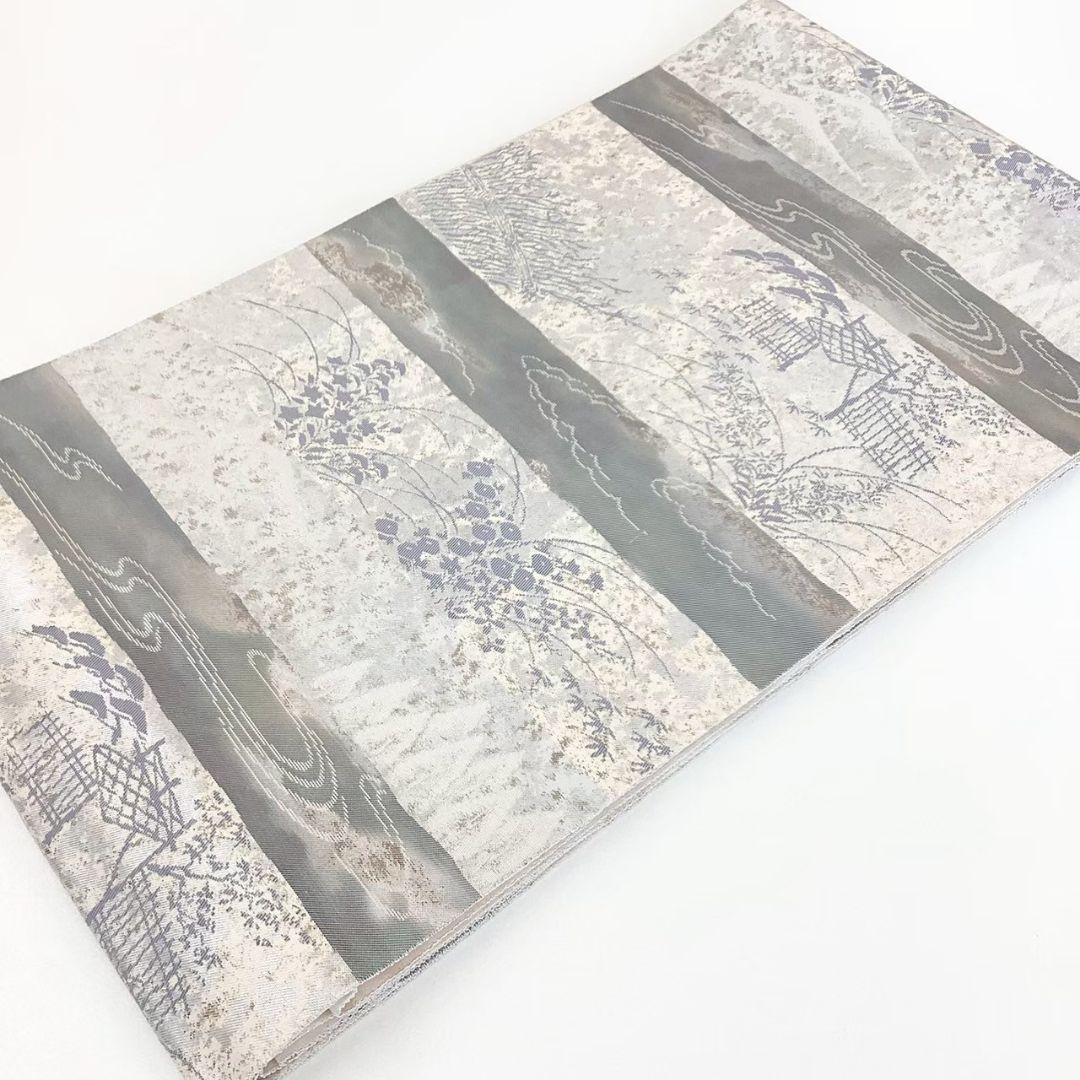 4777# Japanese Vintage Fukuro Obi Belt Kimono Fabric Silk Traditional Silver