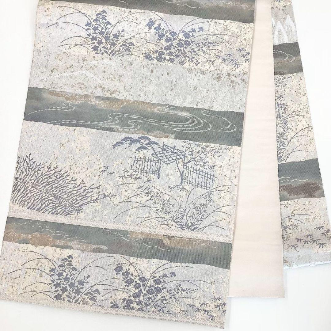 4777# Japanese Vintage Fukuro Obi Belt Kimono Fabric Silk Traditional Silver