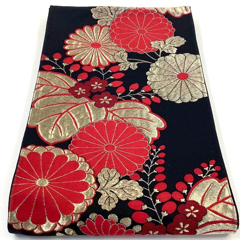 4914# Japanese Vintage Fukuro Obi Belt Kimono Fabric Silk Traditional Black