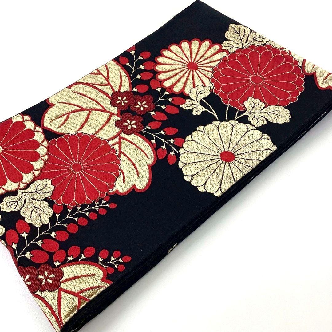 4914# Japanese Vintage Fukuro Obi Belt Kimono Fabric Silk Traditional Black