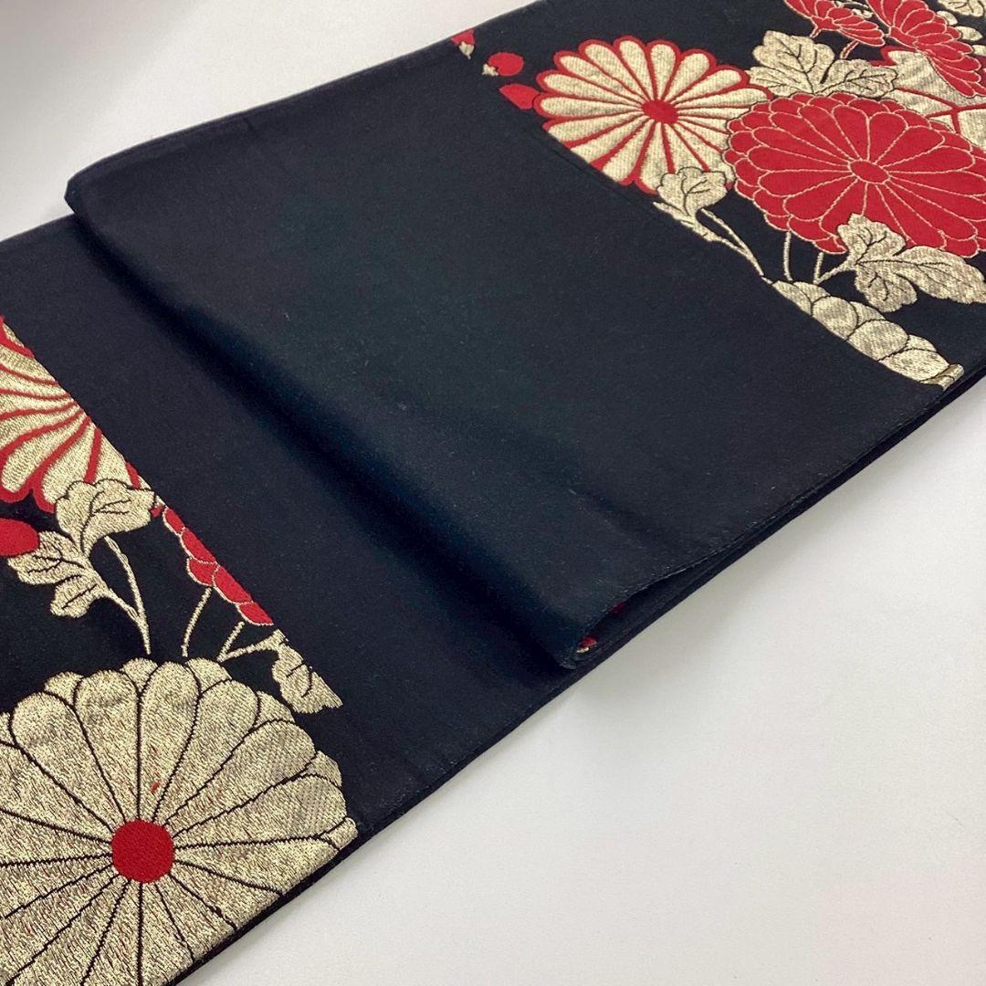 4914# Japanese Vintage Fukuro Obi Belt Kimono Fabric Silk Traditional Black