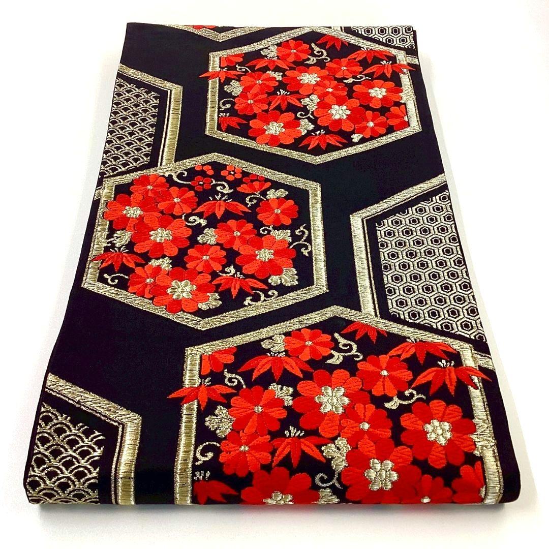 4947# Japanese Vintage Fukuro Obi Belt Kimono Fabric Silk Traditional Black