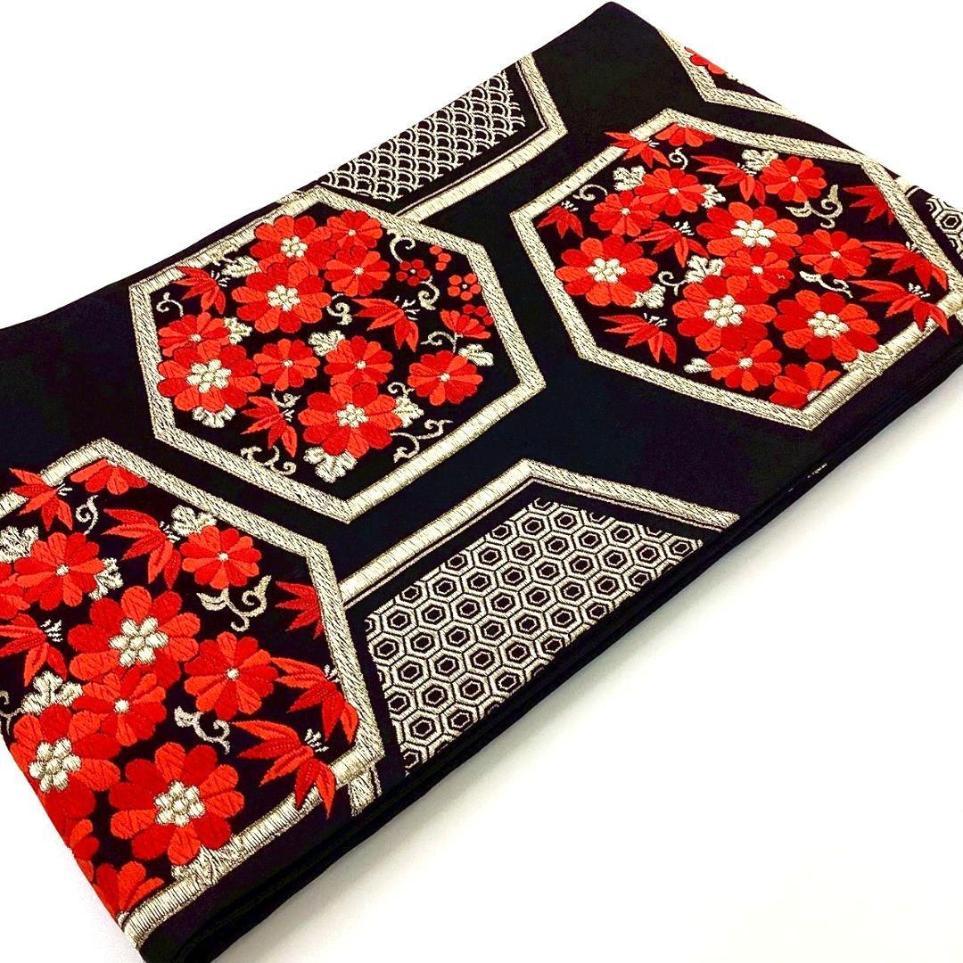 4947# Japanese Vintage Fukuro Obi Belt Kimono Fabric Silk Traditional Black