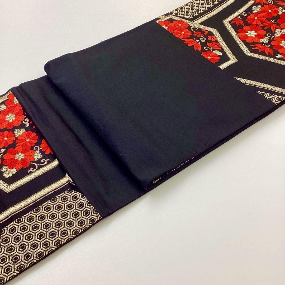 4947# Japanese Vintage Fukuro Obi Belt Kimono Fabric Silk Traditional Black