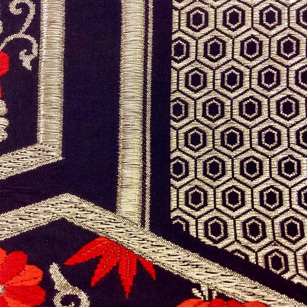 4947# Japanese Vintage Fukuro Obi Belt Kimono Fabric Silk Traditional Black