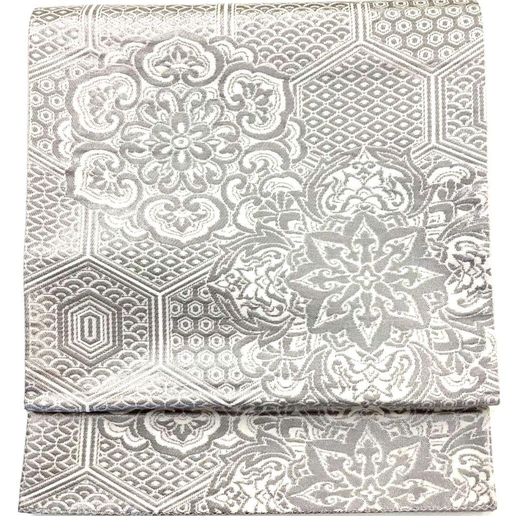 4757# Japanese Vintage Fukuro Obi Belt Kimono Fabric Silk Traditional Silver
