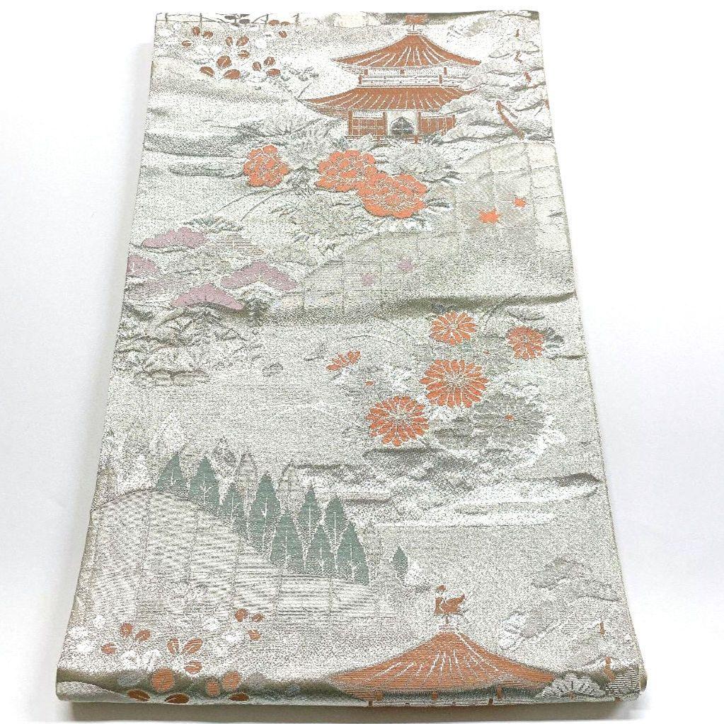 4131# Japanese Vintage Fukuro Obi Belt Kimono Fabric Silk Traditional Silver