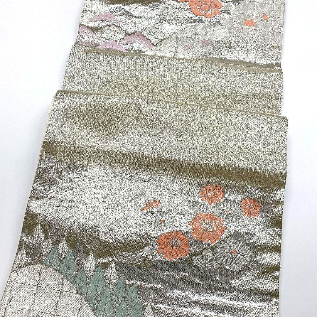 4131# Japanese Vintage Fukuro Obi Belt Kimono Fabric Silk Traditional Silver