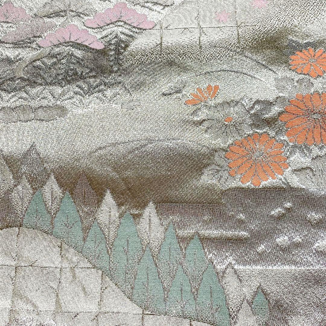 4131# Japanese Vintage Fukuro Obi Belt Kimono Fabric Silk Traditional Silver
