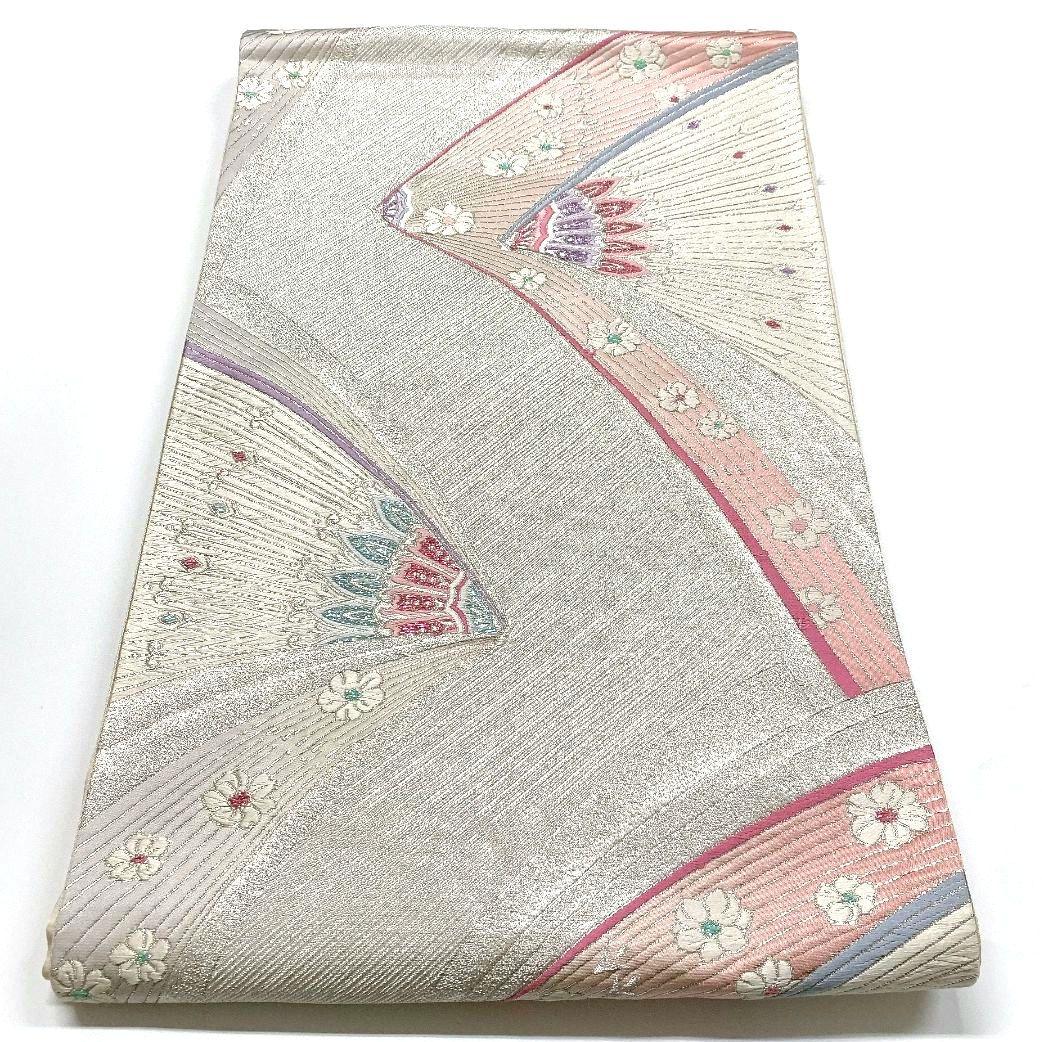 4152# Japanese Vintage Fukuro Obi Belt Kimono Fabric Silk Traditional Silver