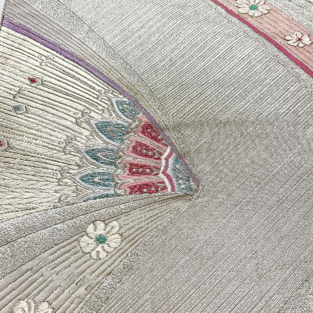 4152# Japanese Vintage Fukuro Obi Belt Kimono Fabric Silk Traditional Silver