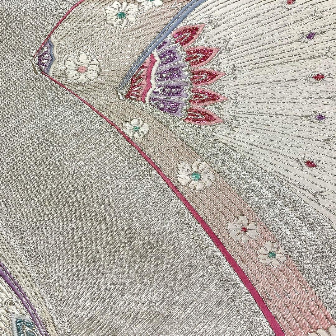 4152# Japanese Vintage Fukuro Obi Belt Kimono Fabric Silk Traditional Silver