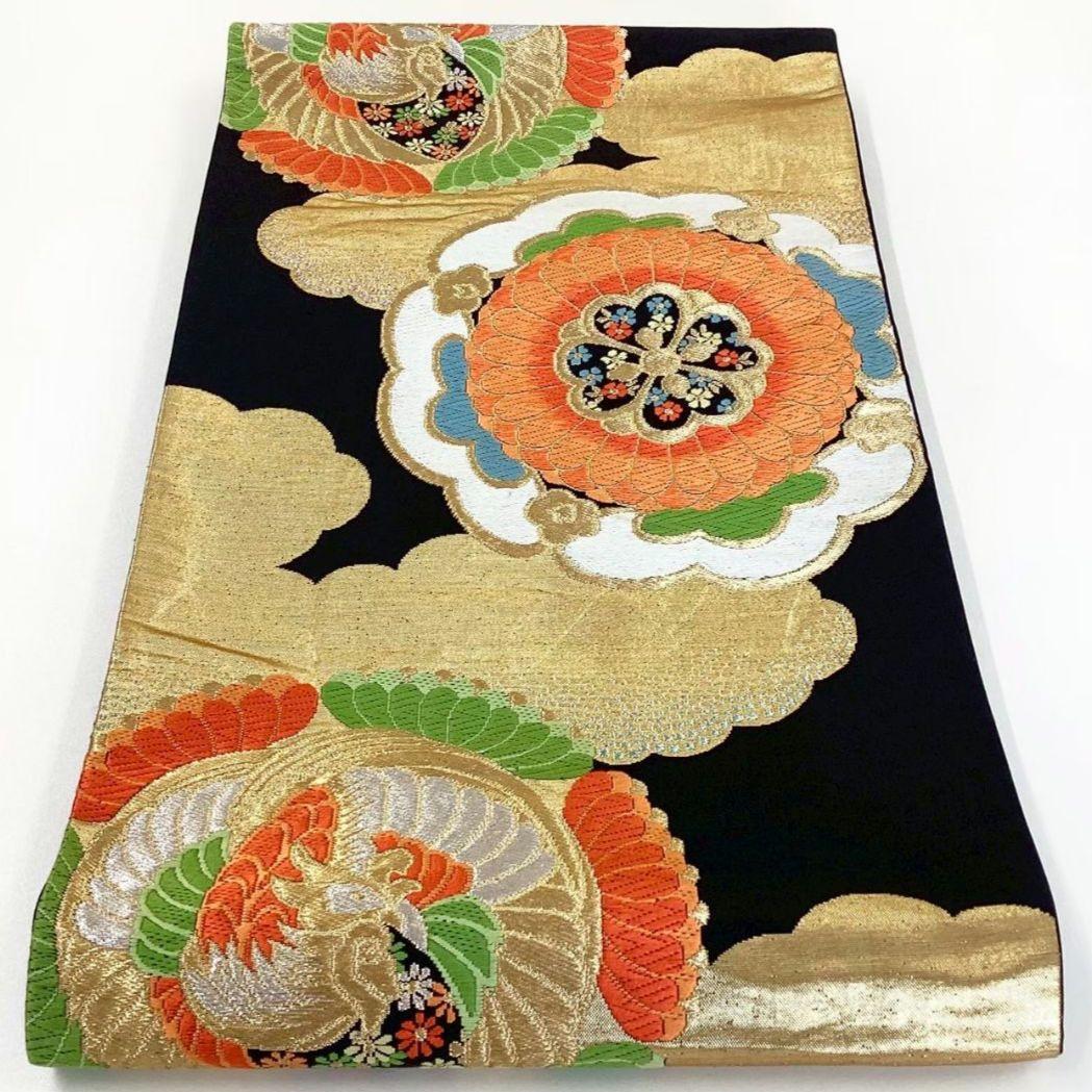 4726# Japanese Vintage Fukuro Obi Belt Kimono Fabric Silk Traditional Black