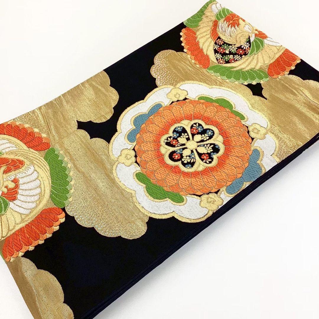 4726# Japanese Vintage Fukuro Obi Belt Kimono Fabric Silk Traditional Black