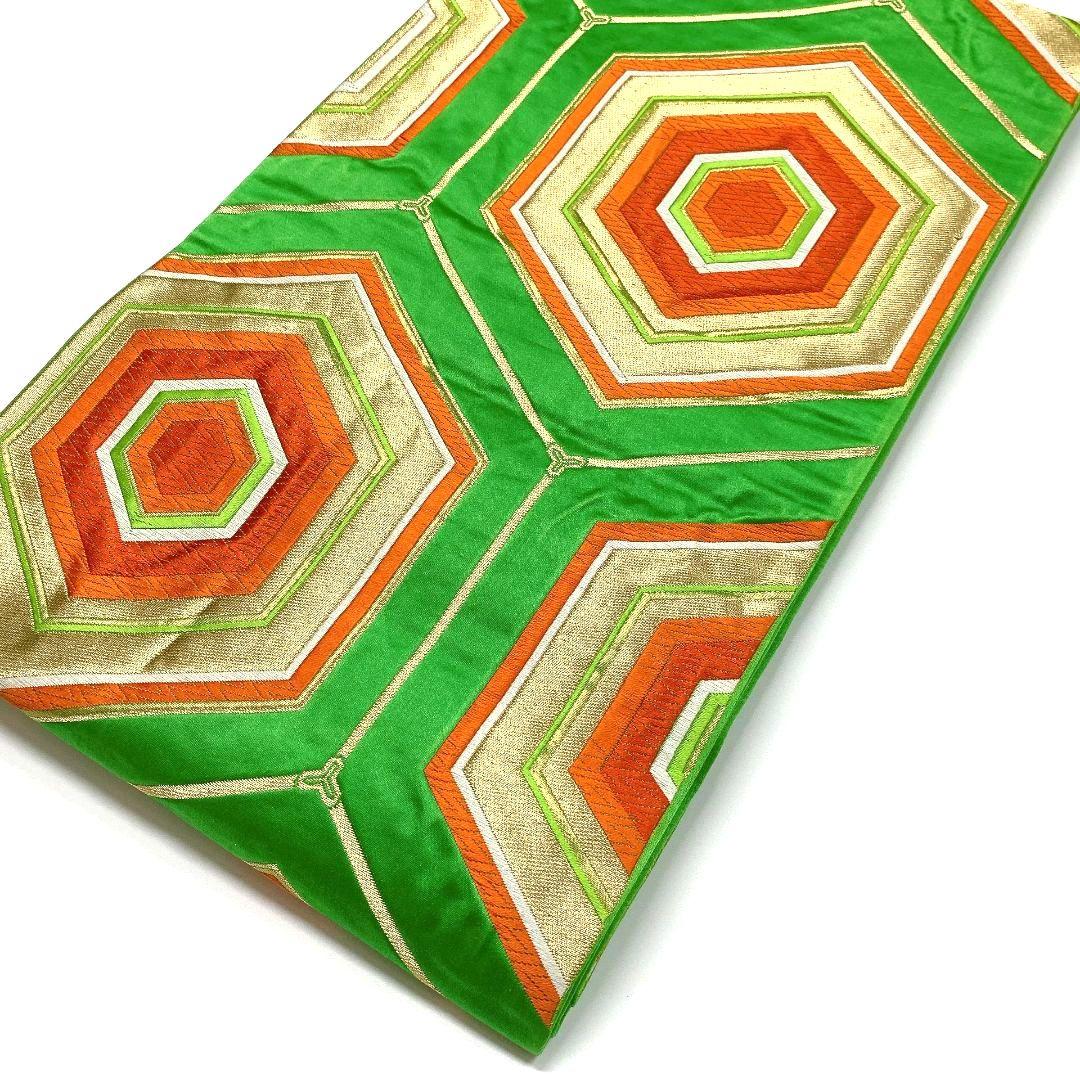 3808# Japanese Vintage Fukuro Obi Belt Kimono Fabric Silk Traditional Green