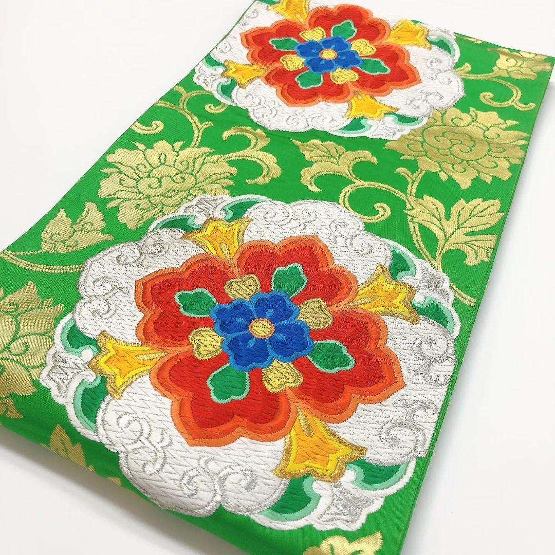 3778# Japanese Vintage Fukuro Obi Belt Kimono Fabric Silk Traditional Green