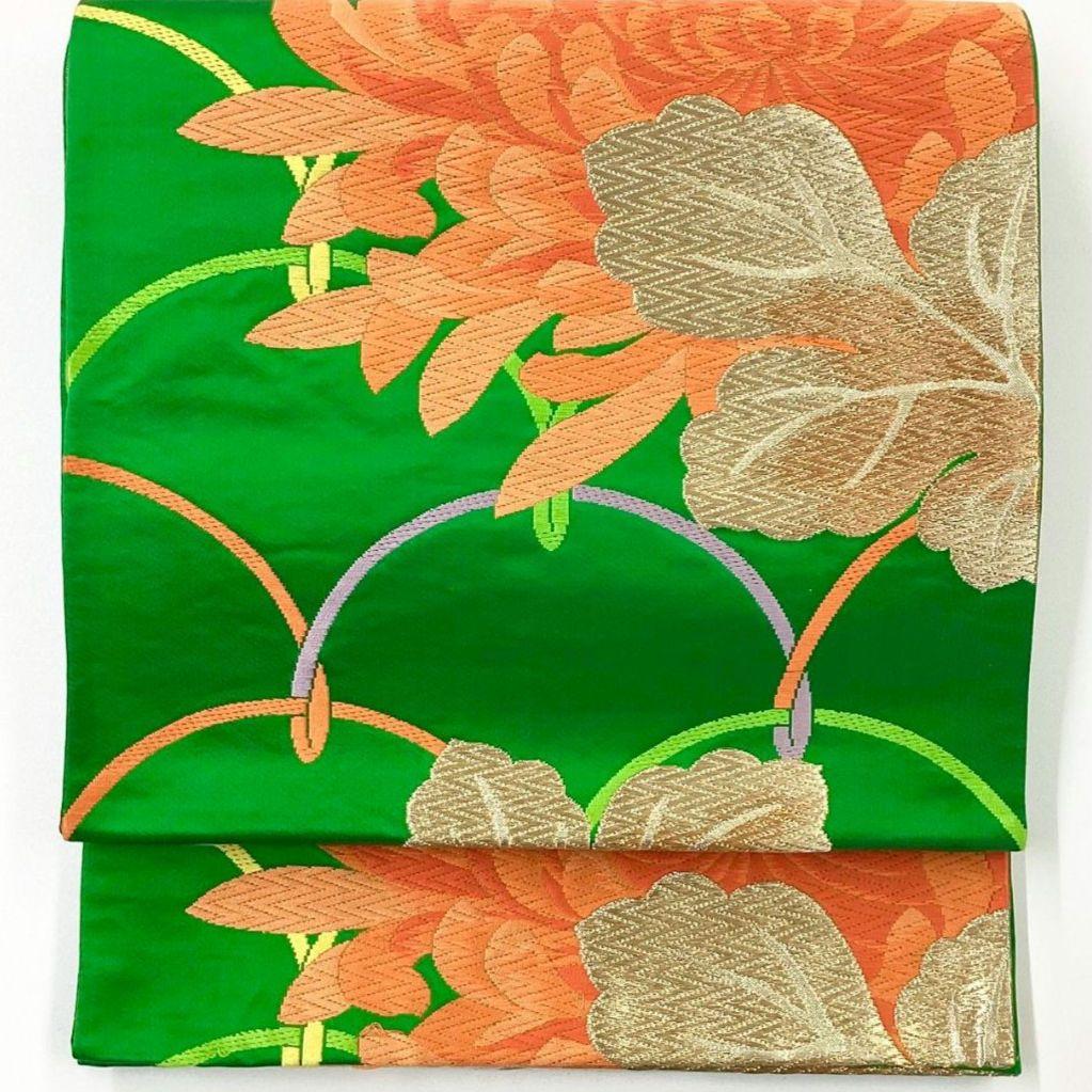 4946# Japanese Vintage Fukuro Obi Belt Kimono Fabric Silk Traditional Green