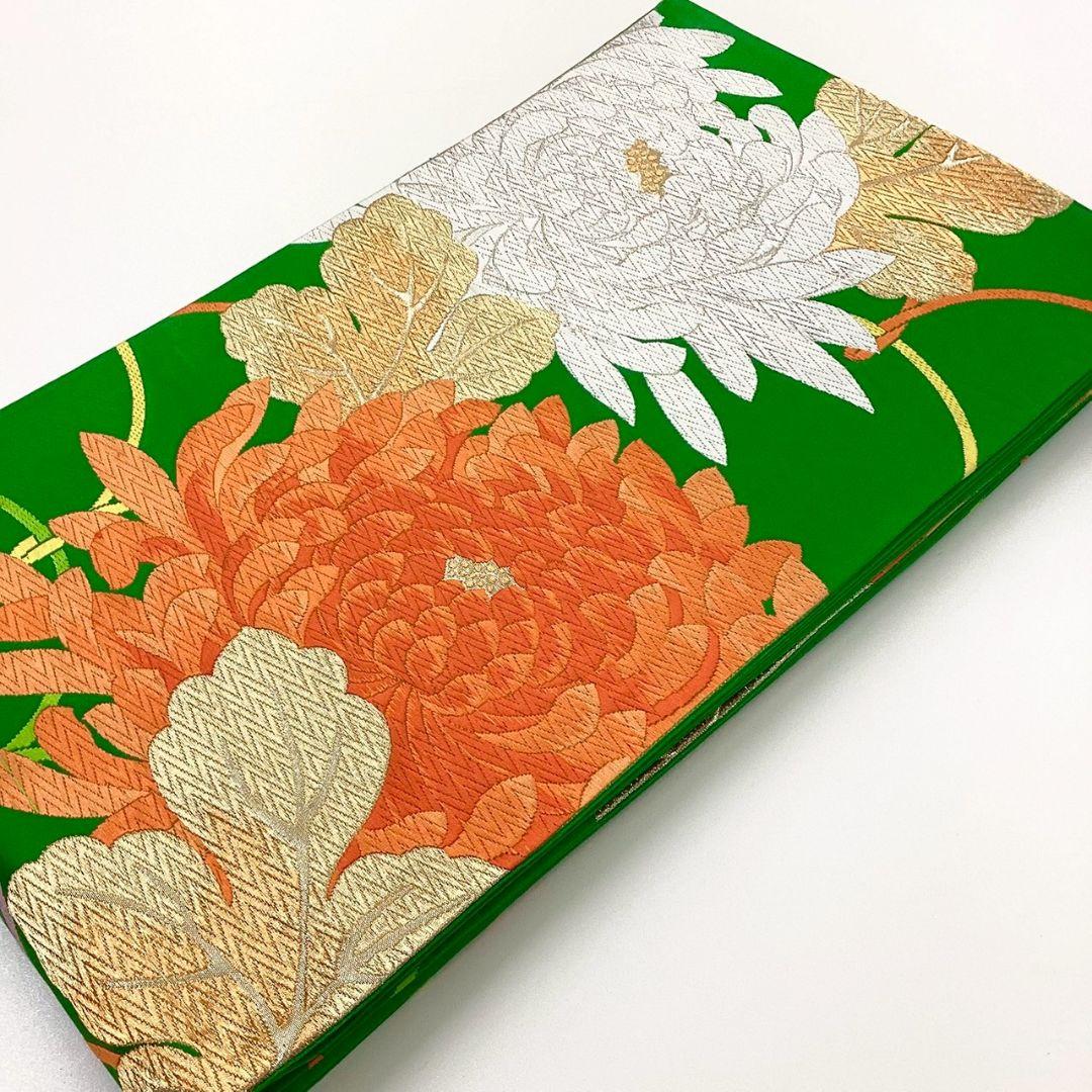 4946# Japanese Vintage Fukuro Obi Belt Kimono Fabric Silk Traditional Green