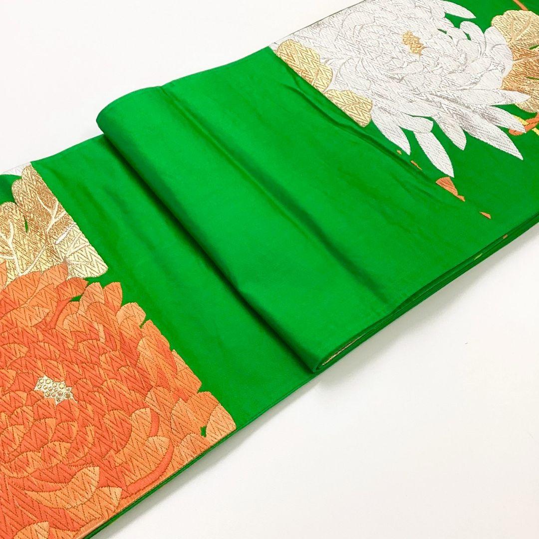 4946# Japanese Vintage Fukuro Obi Belt Kimono Fabric Silk Traditional Green