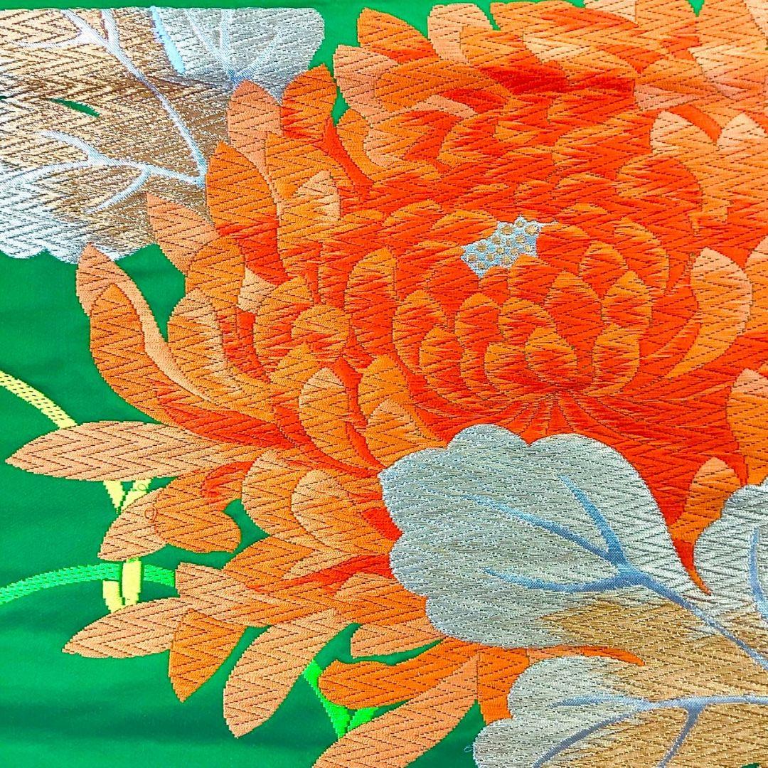 4946# Japanese Vintage Fukuro Obi Belt Kimono Fabric Silk Traditional Green