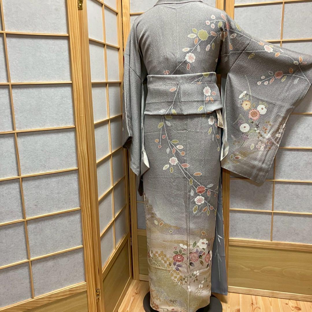5455# Japanese Kimono Vintage Womens Silk Fabric Robe Kimono only sold Gray