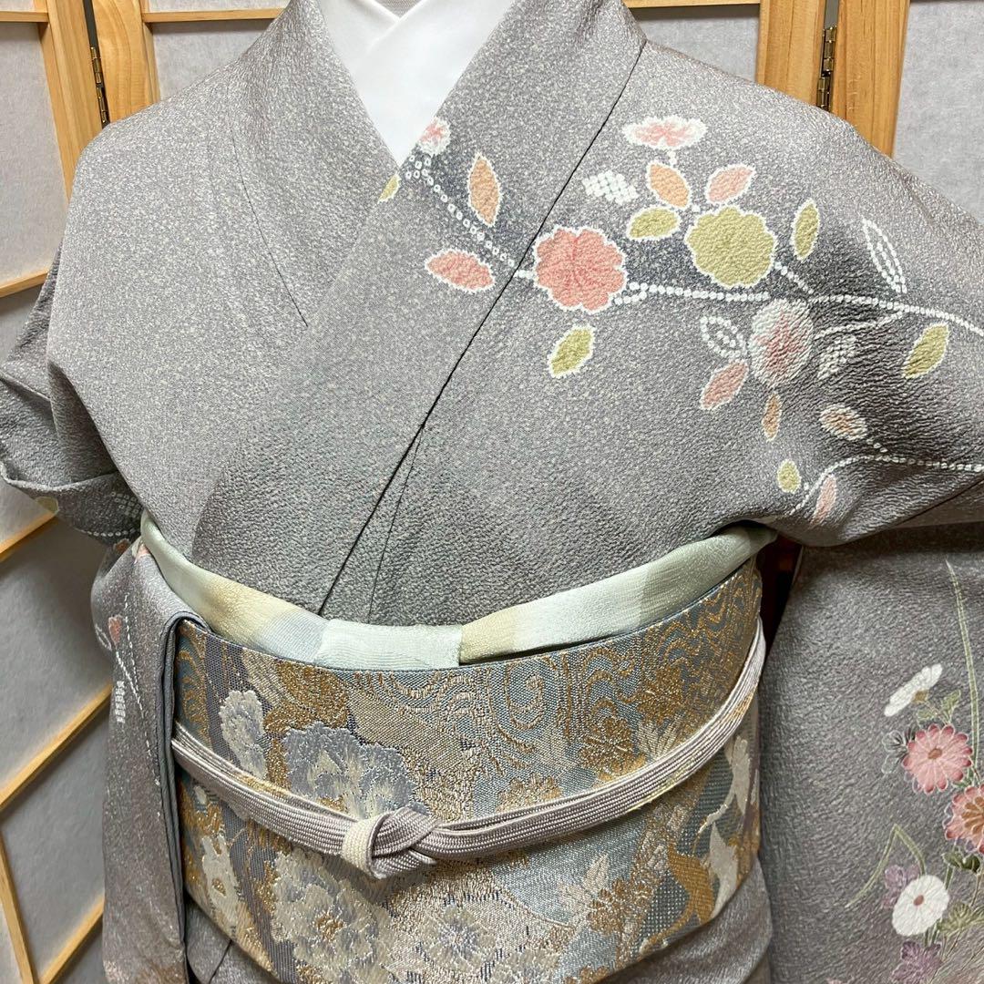 5455# Japanese Kimono Vintage Womens Silk Fabric Robe Kimono only sold Gray