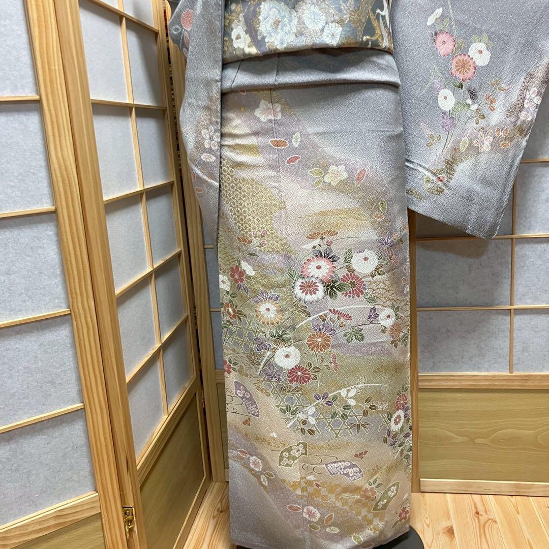 5455# Japanese Kimono Vintage Womens Silk Fabric Robe Kimono only sold Gray