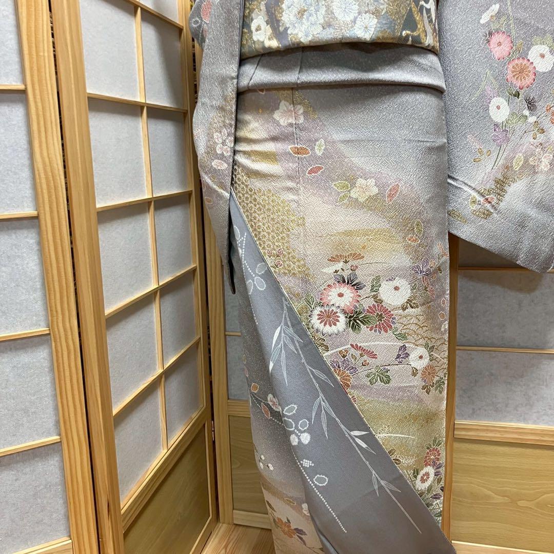 5455# Japanese Kimono Vintage Womens Silk Fabric Robe Kimono only sold Gray