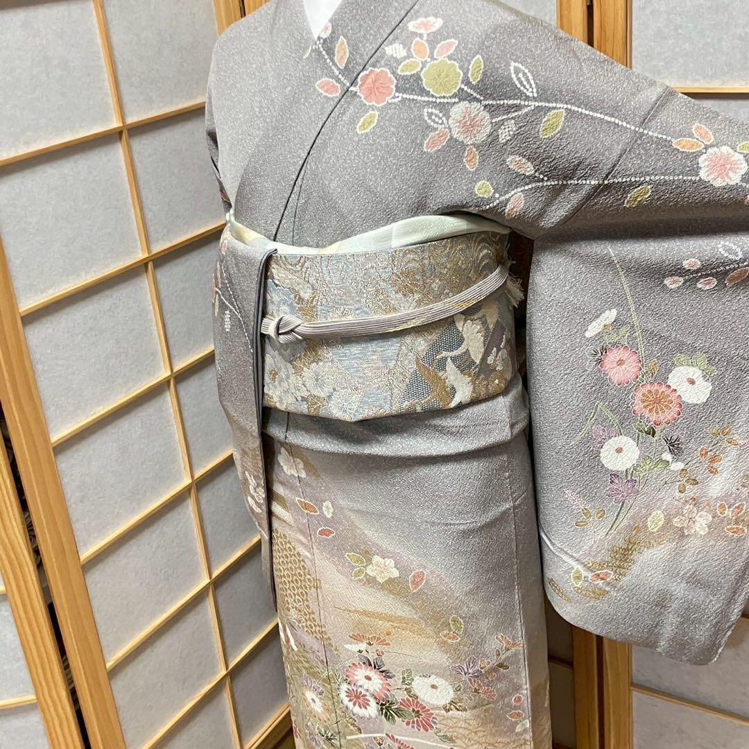 5455# Japanese Kimono Vintage Womens Silk Fabric Robe Kimono only sold Gray