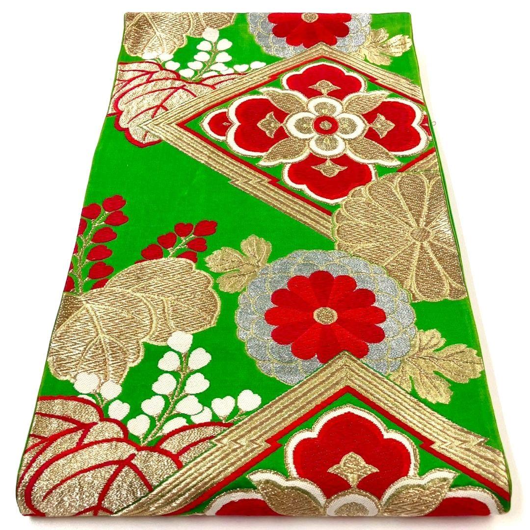 3557# Japanese Vintage Fukuro Obi Belt Kimono Fabric Silk Traditional Green