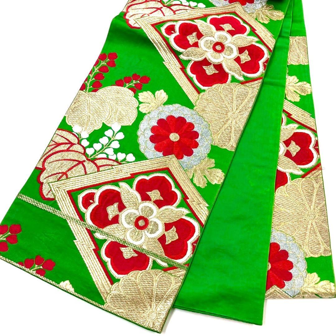 3557# Japanese Vintage Fukuro Obi Belt Kimono Fabric Silk Traditional Green