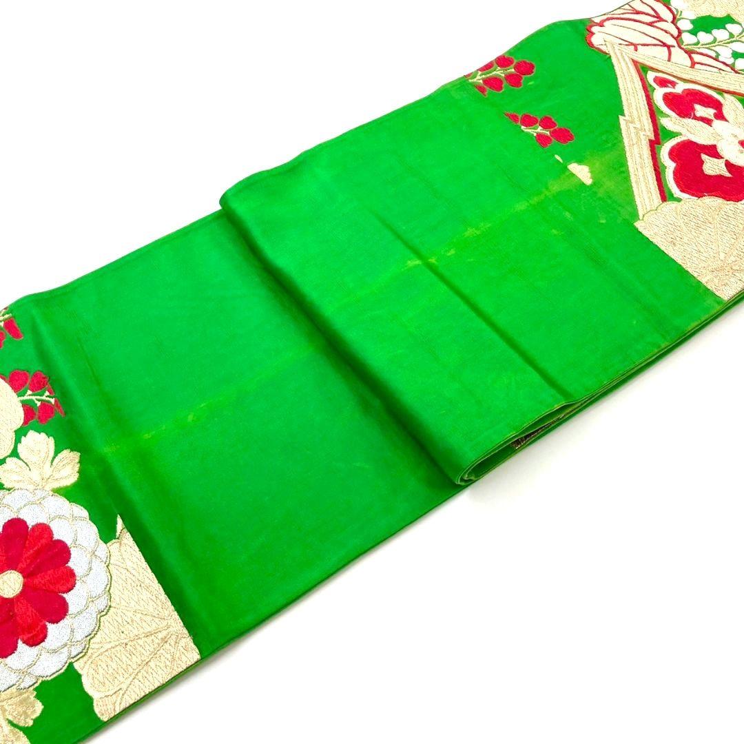 3557# Japanese Vintage Fukuro Obi Belt Kimono Fabric Silk Traditional Green