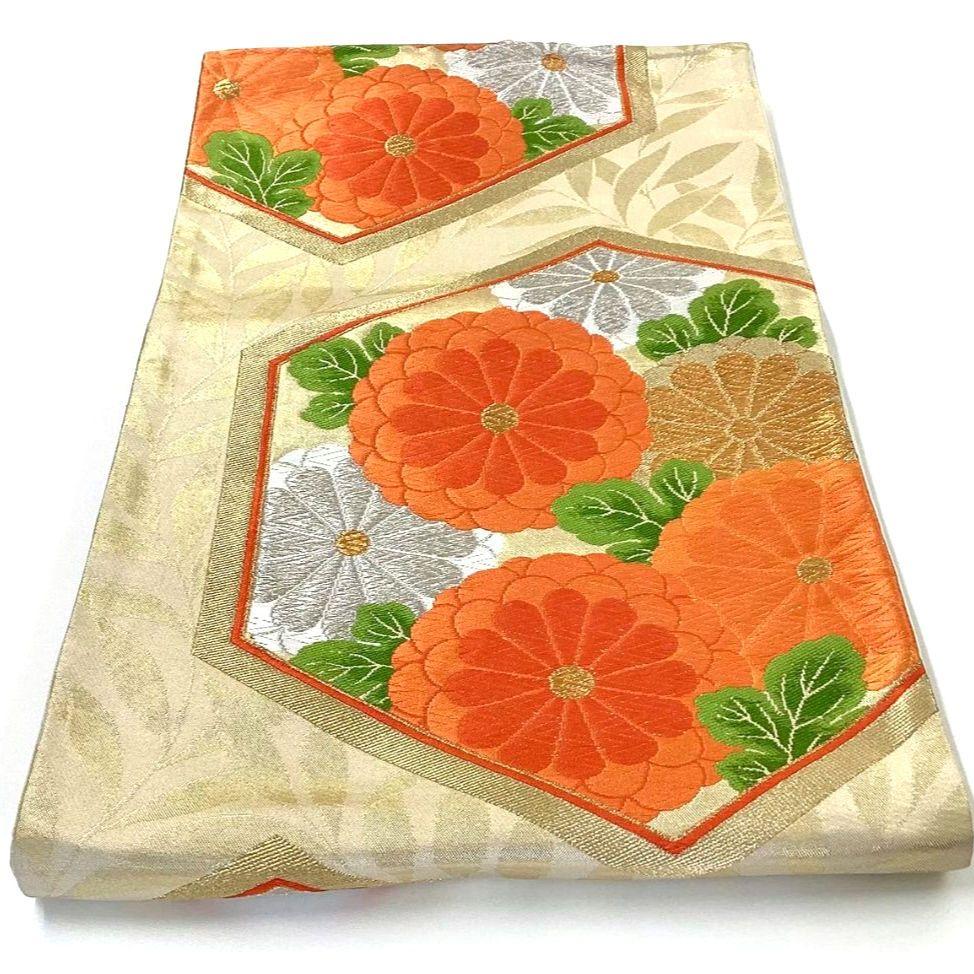4727# Japanese Vintage Fukuro Obi Belt Kimono Fabric Silk Traditional Embroidery
