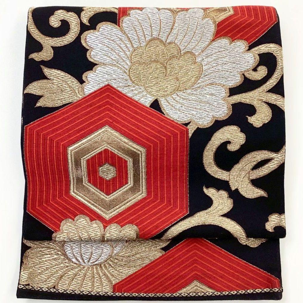 4713# Japanese Vintage Fukuro Obi Belt Kimono Fabric Silk Traditional Black