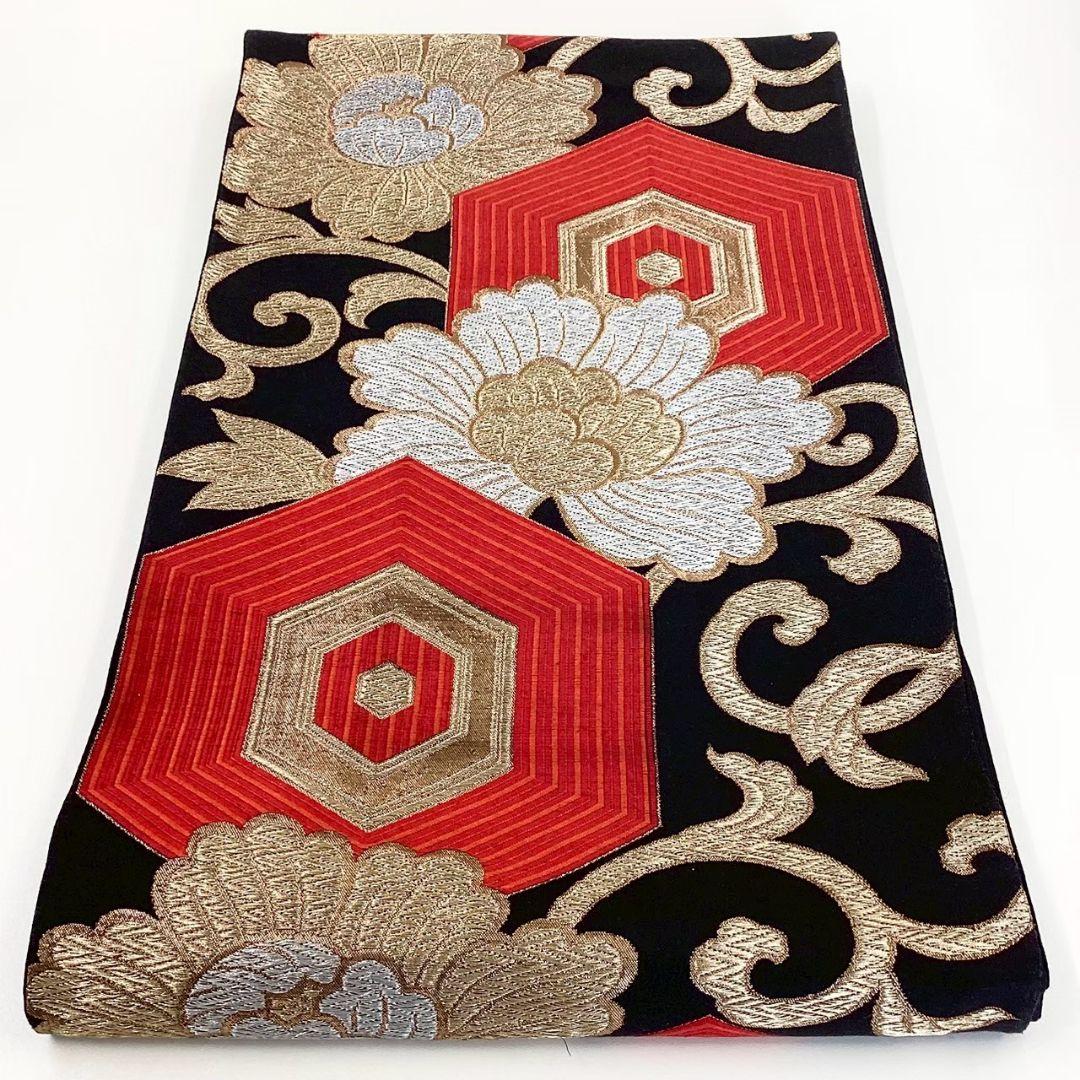 4713# Japanese Vintage Fukuro Obi Belt Kimono Fabric Silk Traditional Black