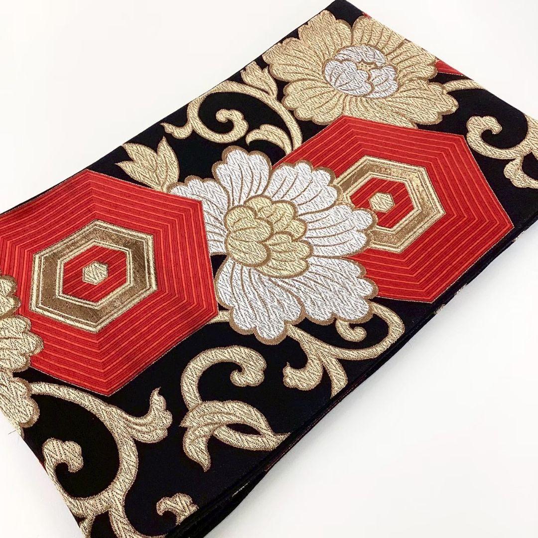 4713# Japanese Vintage Fukuro Obi Belt Kimono Fabric Silk Traditional Black