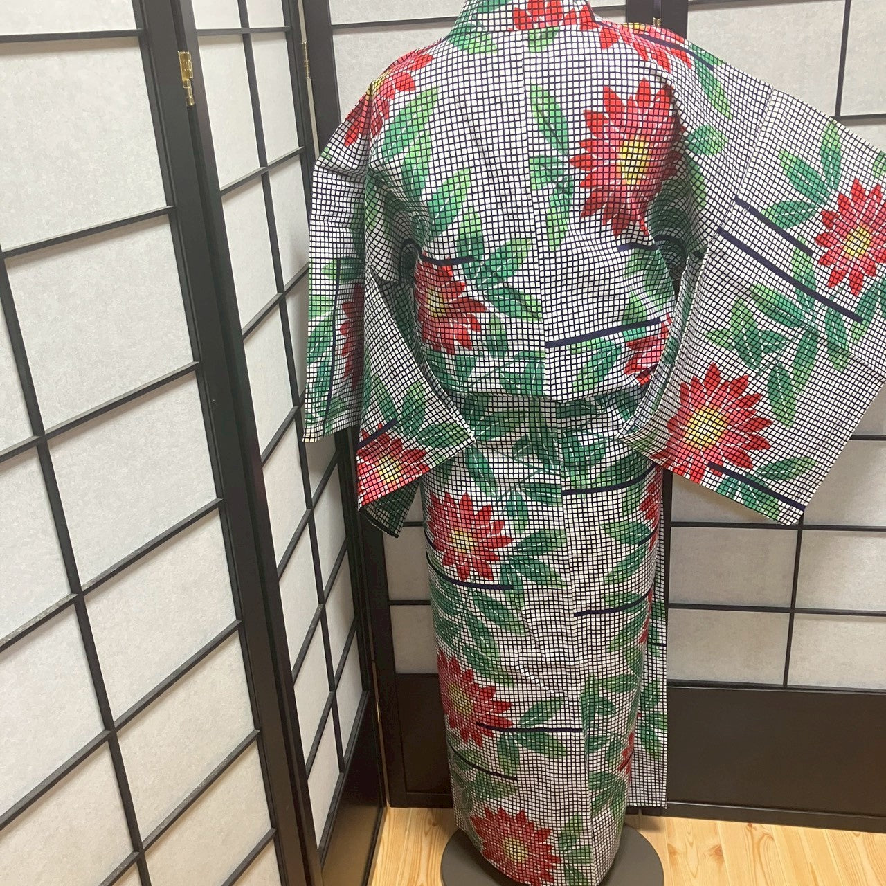 ［9150］浴衣 美品 草花格子文様 ゆかた レディース 綿 リメイク
