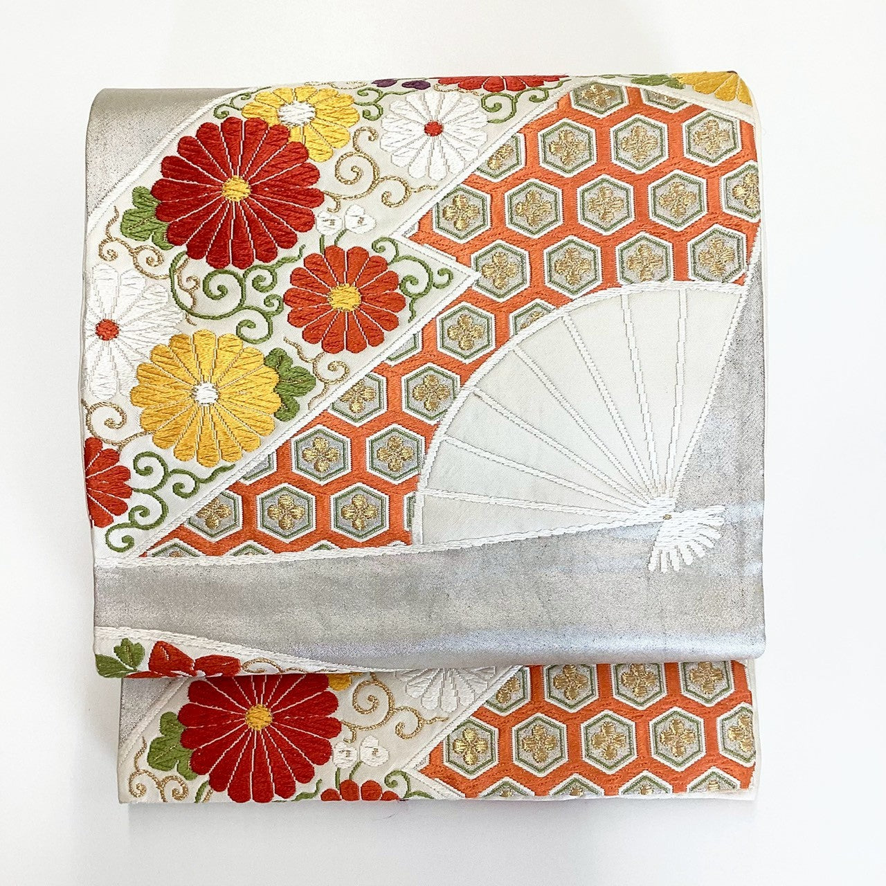 ［8848］袋帯 扇草花亀甲文様 刺繍 六通 正絹 着物 フォーマル