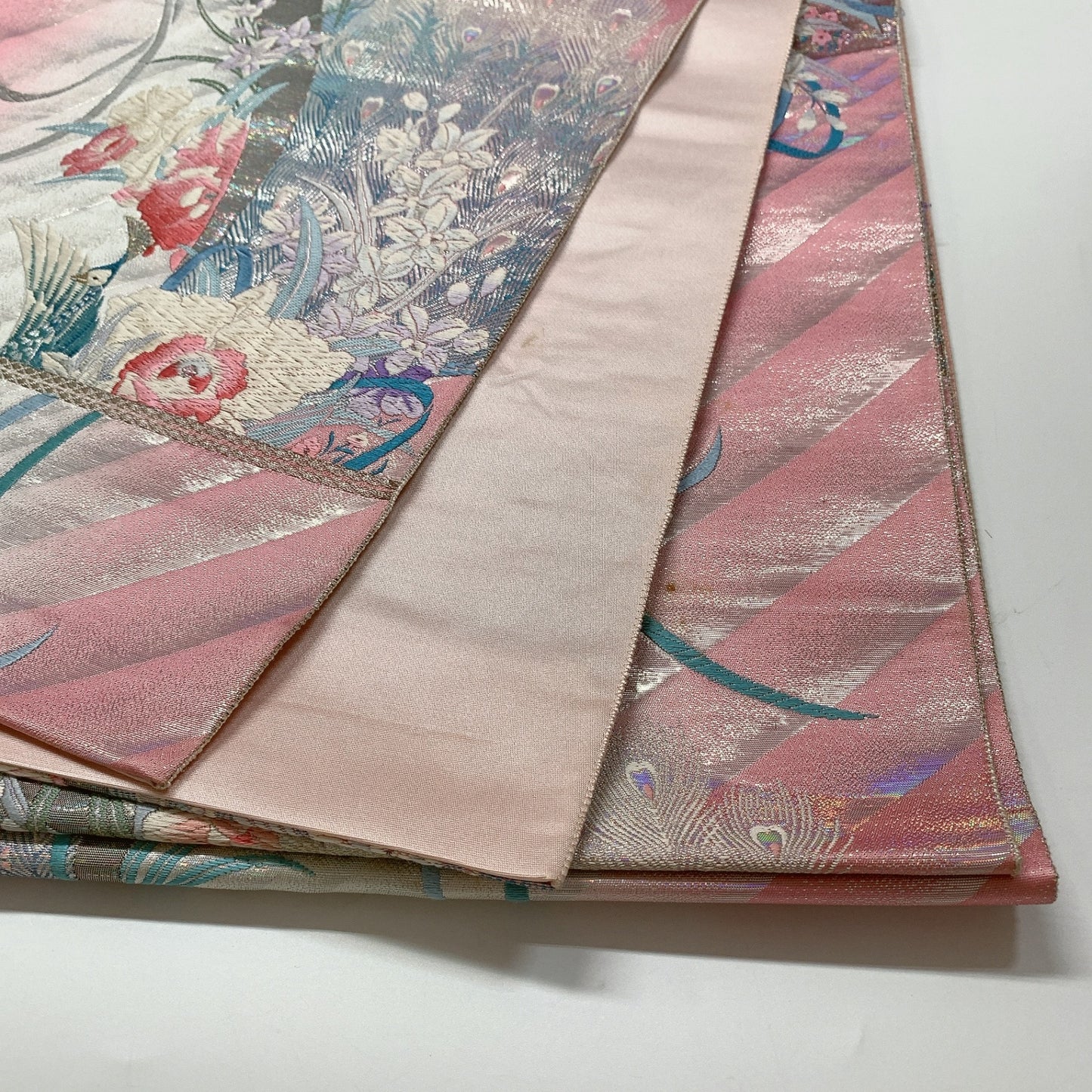 ［8966］袋帯 孔雀草花文様 刺繍 六通 正絹 着物 フォーマル