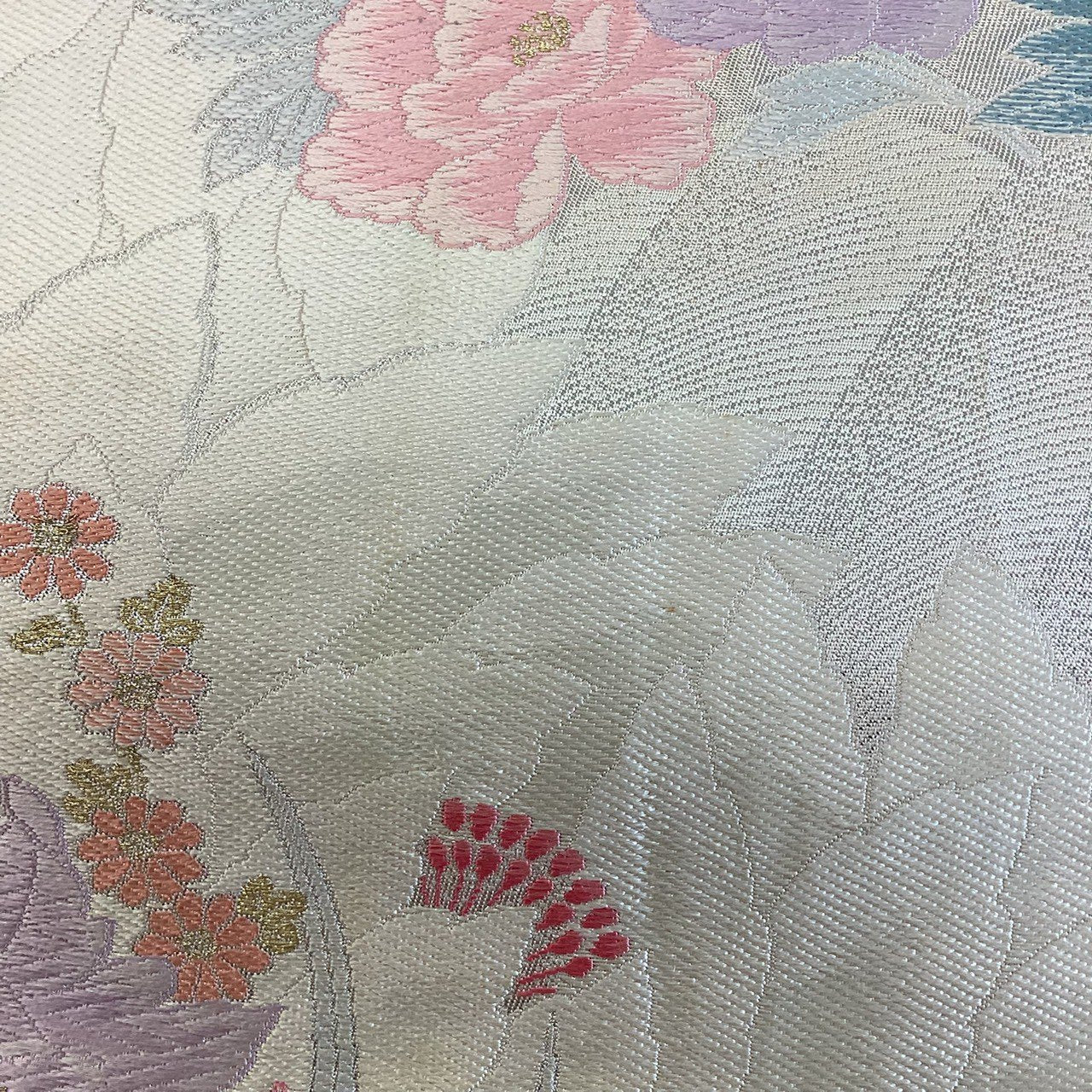 ［8877］袋帯 草花文様 刺繍 銀糸 六通 正絹 着物 フォーマル