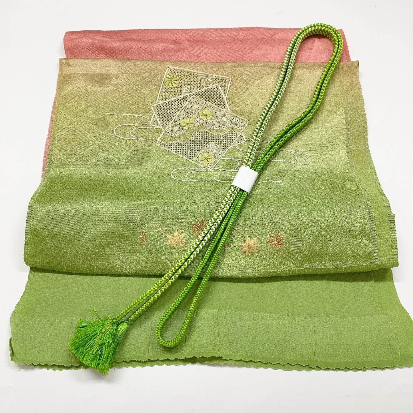［8734］帯締め 帯揚げ セット 色紙草花流水文様 金彩 ぼかし 正絹 着物 帯絞め