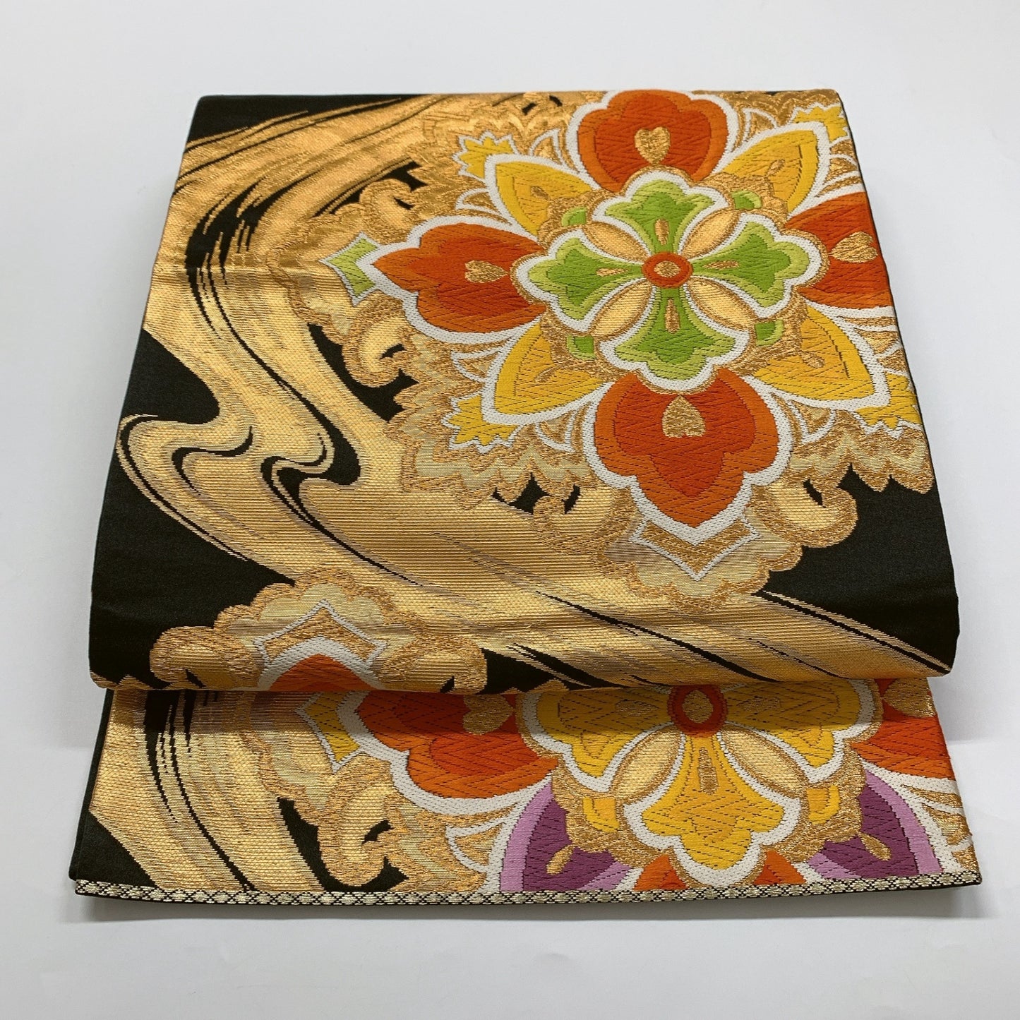 ［8981］袋帯 花菱流水文様 刺繍 金彩 黒 六通 正絹 着物 フォーマル