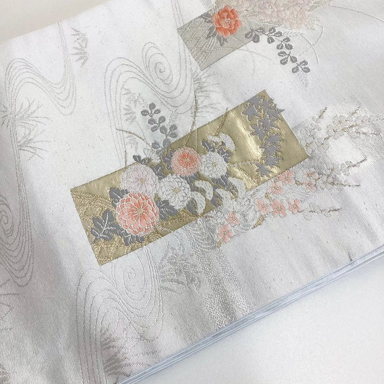 5747# Japanese Vintage Nagoya Obi Belt Kimono Fabric Silk Traditional Silver
