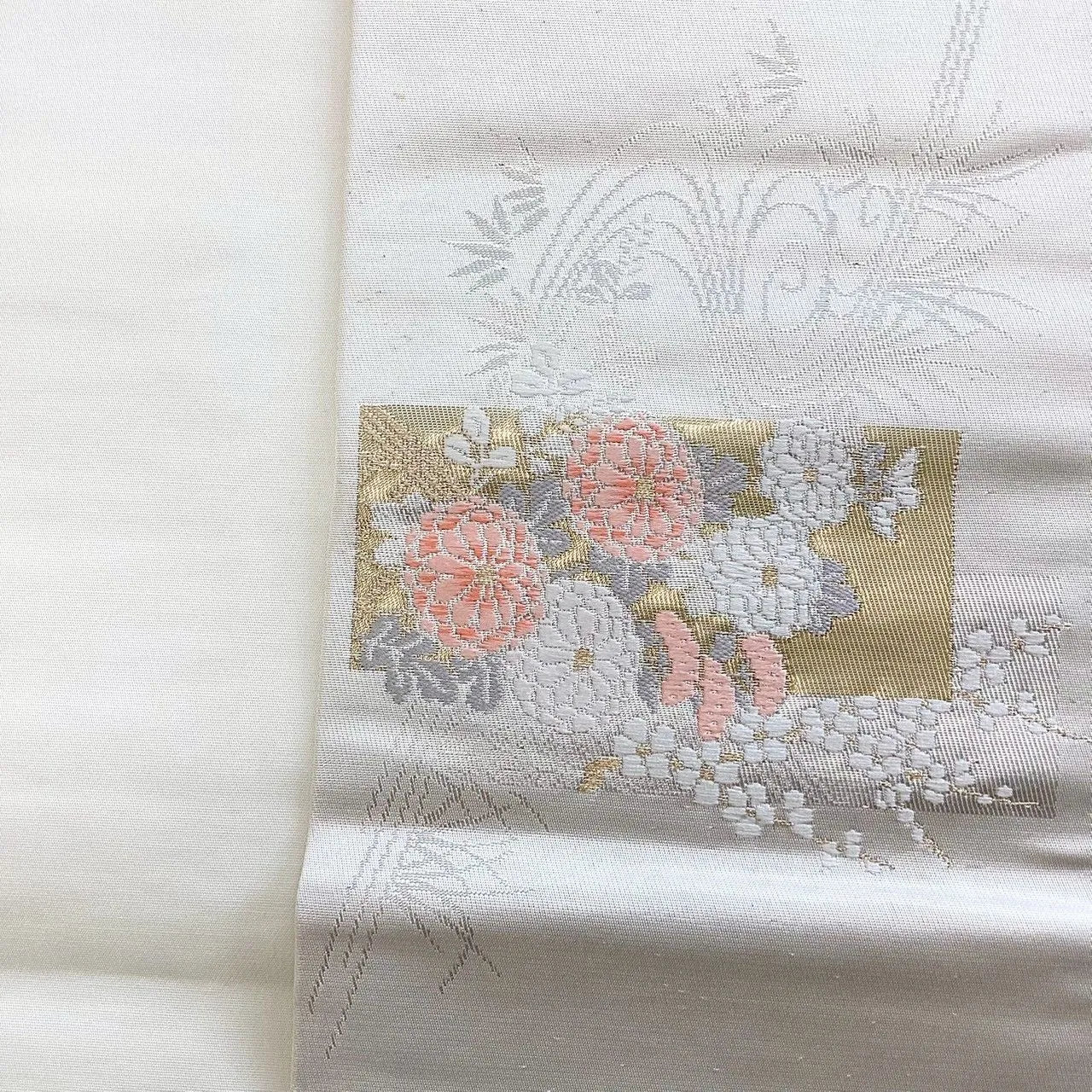 5747# Japanese Vintage Nagoya Obi Belt Kimono Fabric Silk Traditional Silver