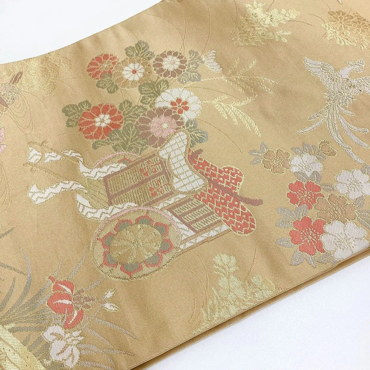 5748# Japanese Vintage Nagoya Obi Belt Kimono Fabric Silk Traditional Gold